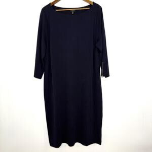 Talbots Dress Womens 2X Navy Cotton Knit Shift 3/4 Sleeve Zip Cuffs Scoop Neck